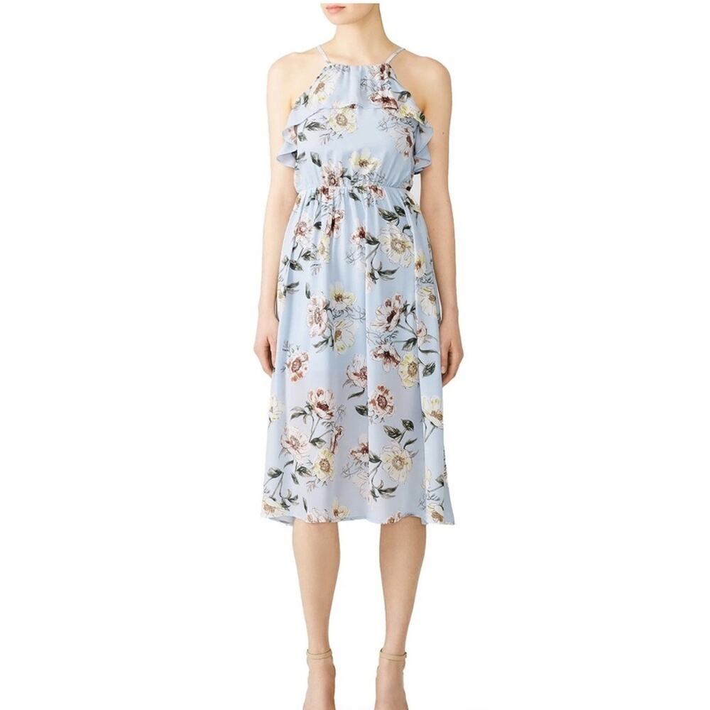 Fleurtine Blue Floral Ruffled Sleeveless Midi Dress Womens L Girly Romantic